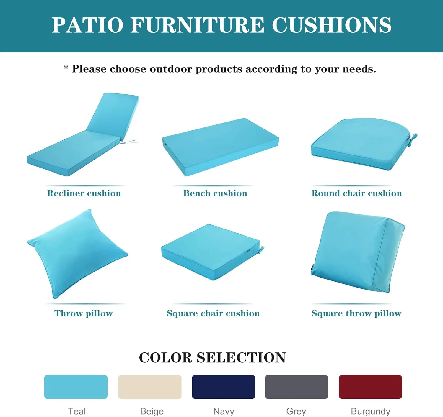 Chaise Lounge Cushion Outdoor, Waterproof and Stain-Resistant Lounge Deck Reclining Chair Cushions for Patio Furniture Lawn Pool Resort Hotel, 80x26x3 Inch, Set of 4, Teal