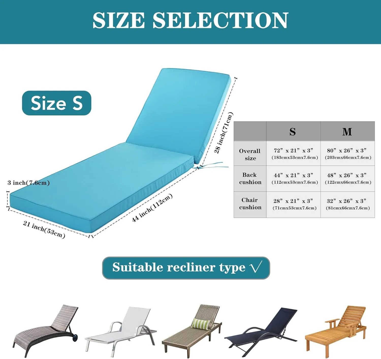 Chaise Lounge Cushion Outdoor, Waterproof and Stain-Resistant Lounge Deck Reclining Chair Cushions for Patio Furniture Lawn Pool Resort Hotel, 80x26x3 Inch, Set of 4, Teal