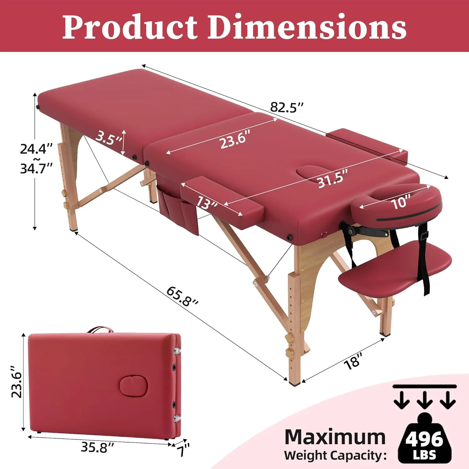 civama Massage Table Massage Bed Portable, 29 LBs Light Weight Foldable Tattoo Facial Care Spa Lash Bed Aluminum Frame with Accessories Carrying Bag, Burgundy