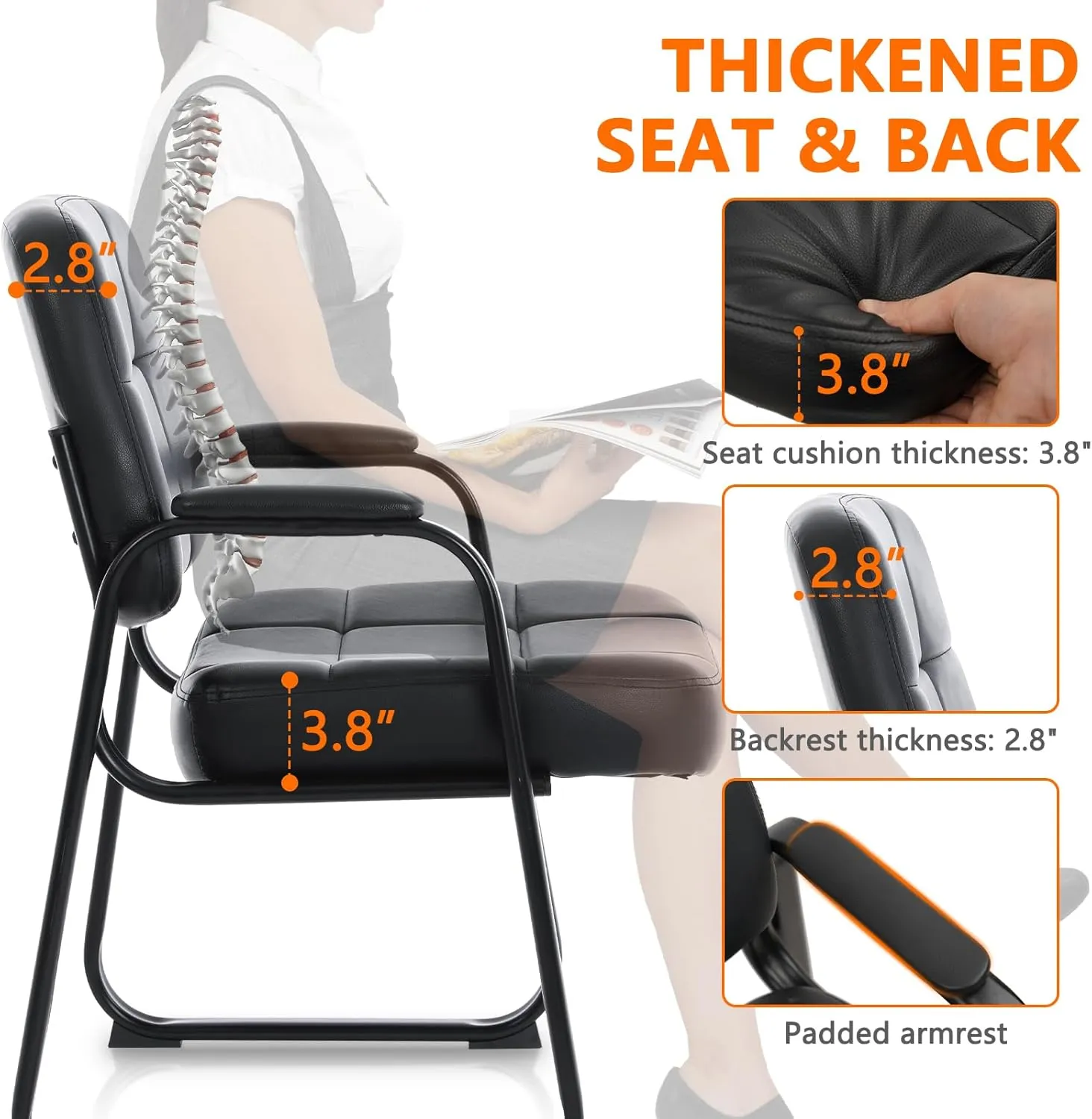 CLATINA Big & Tall Waiting Room Guest Chair with Bonded Leather Padded Arm Rest and Sled Base for Office Reception Lobby and Conference Desk, Black(2 Pack)