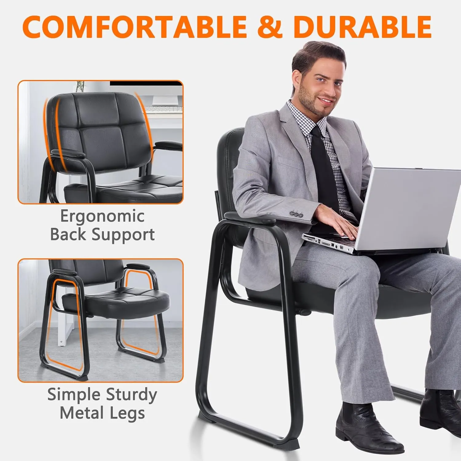 CLATINA Big & Tall Waiting Room Guest Chair with Bonded Leather Padded Arm Rest and Sled Base for Office Reception Lobby and Conference Desk, Black(2 Pack)