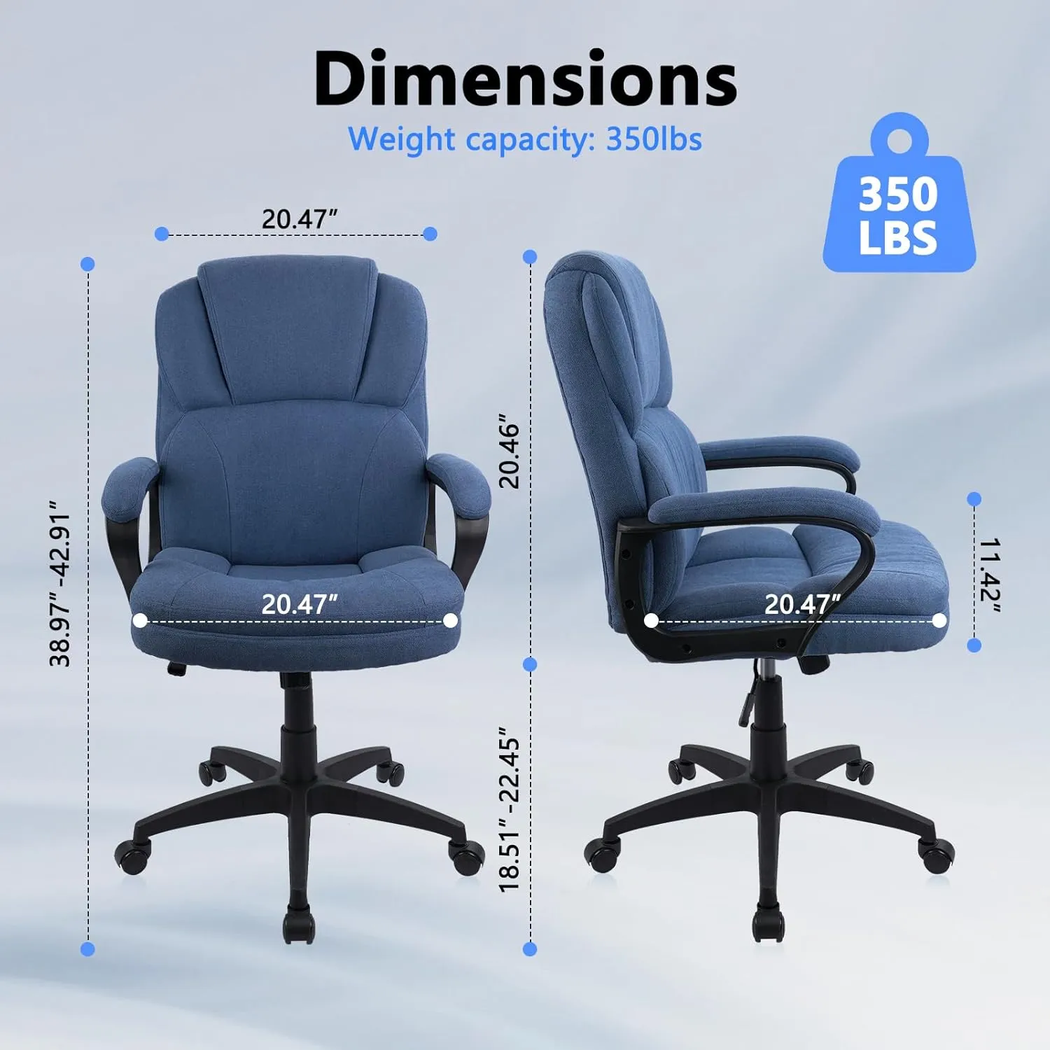 CLATINA Blue Cloth Office Chair Fabric Covered Desk Chair, Adjustable Height Swivel Chairs Ergonomic Executive Chair with Arms and Wheels Comfortable Upholstered 350 LBS