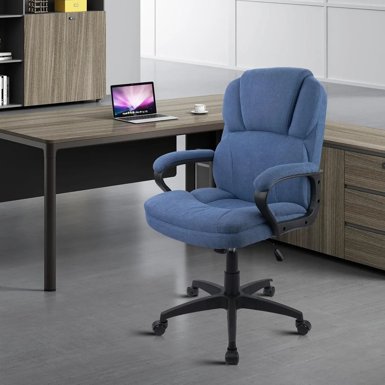 CLATINA Blue Cloth Office Chair Fabric Covered Desk Chair, Adjustable Height Swivel Chairs Ergonomic Executive Chair with Arms and Wheels Comfortable Upholstered 350 LBS