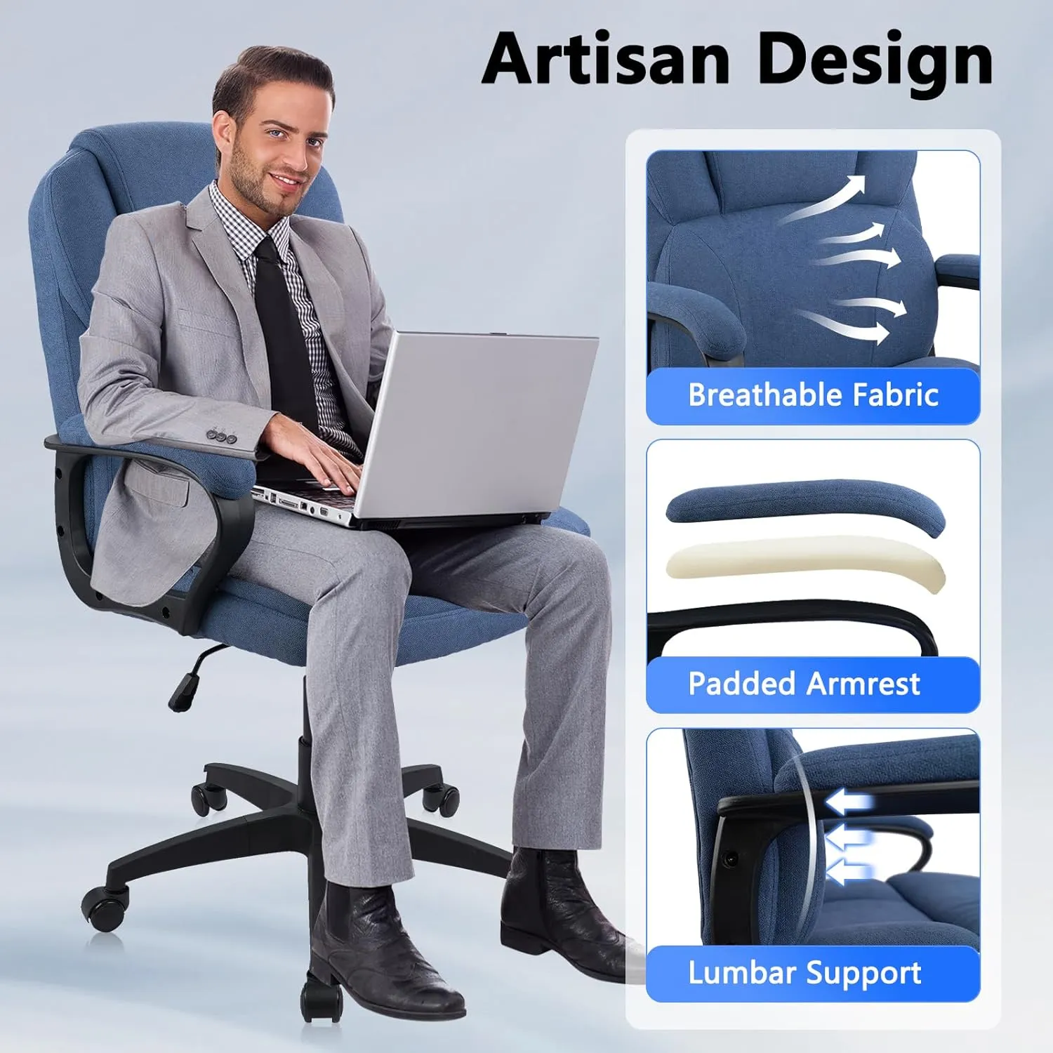 CLATINA Blue Cloth Office Chair Fabric Covered Desk Chair, Adjustable Height Swivel Chairs Ergonomic Executive Chair with Arms and Wheels Comfortable Upholstered 350 LBS