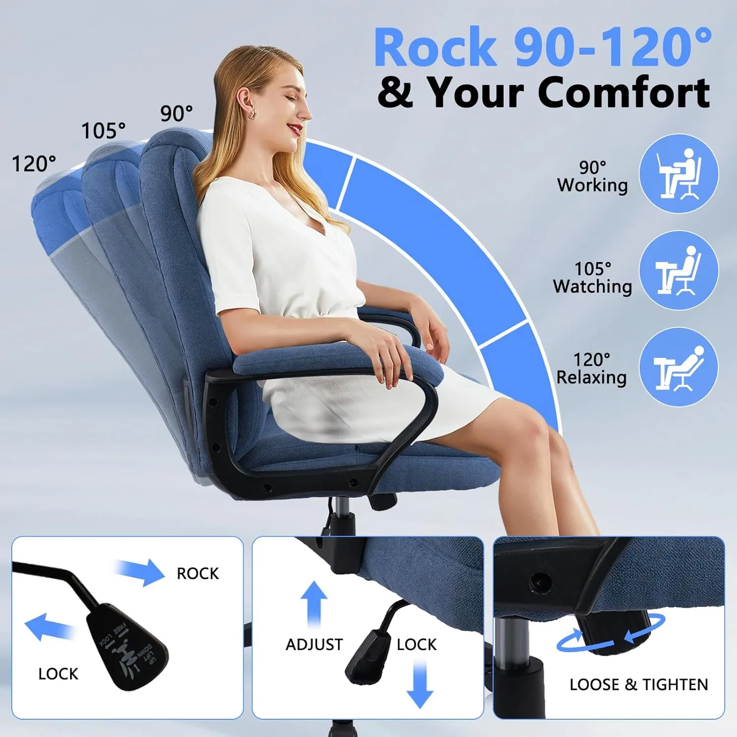CLATINA Blue Cloth Office Chair Fabric Covered Desk Chair, Adjustable Height Swivel Chairs Ergonomic Executive Chair with Arms and Wheels Comfortable Upholstered 350 LBS