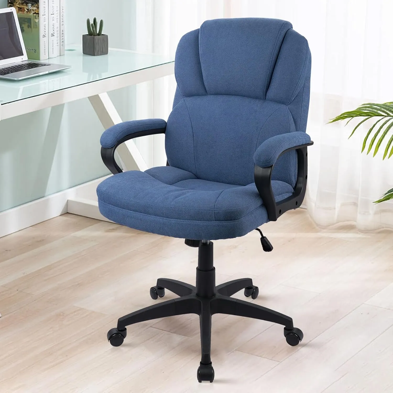 CLATINA Blue Cloth Office Chair Fabric Covered Desk Chair, Adjustable Height Swivel Chairs Ergonomic Executive Chair with Arms and Wheels Comfortable Upholstered 350 LBS