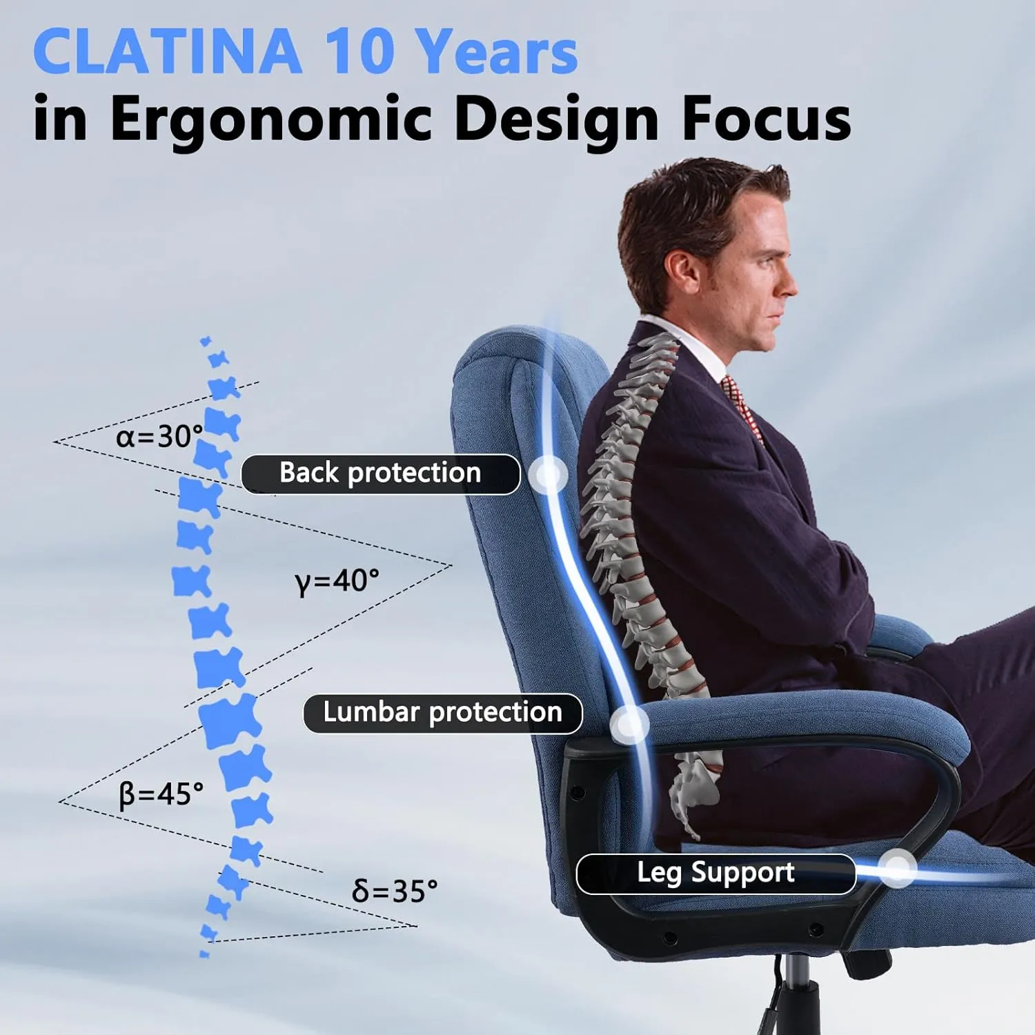 CLATINA Blue Cloth Office Chair Fabric Covered Desk Chair, Adjustable Height Swivel Chairs Ergonomic Executive Chair with Arms and Wheels Comfortable Upholstered 350 LBS