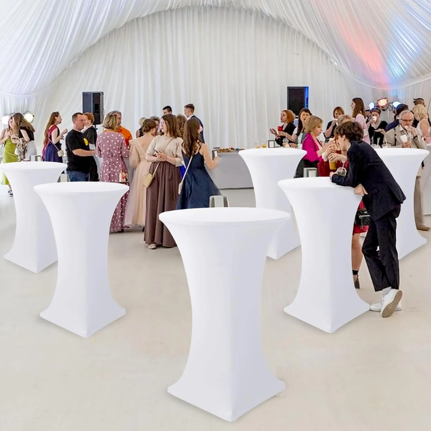 Cocktail Table Covers-Spandex Round High Top Table Cloths 6 Pack 32x43 Inch-White Stretch Fitted Bar Tall Tablecloth for Pub Bistro Highboy Party Event Banquet Height Folding Satnding Tables