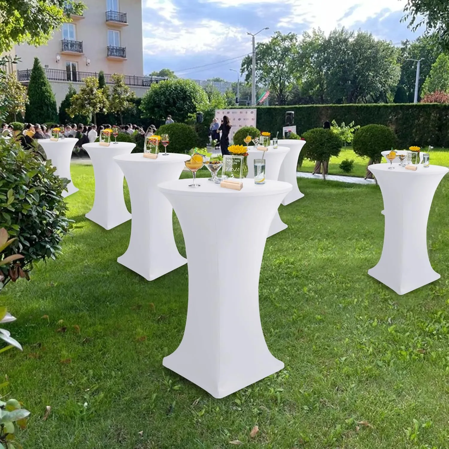 Cocktail Table Covers-Spandex Round High Top Table Cloths 6 Pack 32x43 Inch-White Stretch Fitted Bar Tall Tablecloth for Pub Bistro Highboy Party Event Banquet Height Folding Satnding Tables