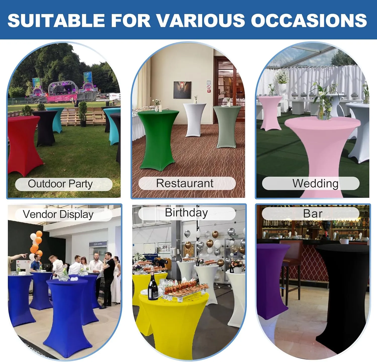 Cocktail Table Covers-Spandex Round High Top Table Cloths 6 Pack 32x43 Inch-White Stretch Fitted Bar Tall Tablecloth for Pub Bistro Highboy Party Event Banquet Height Folding Satnding Tables