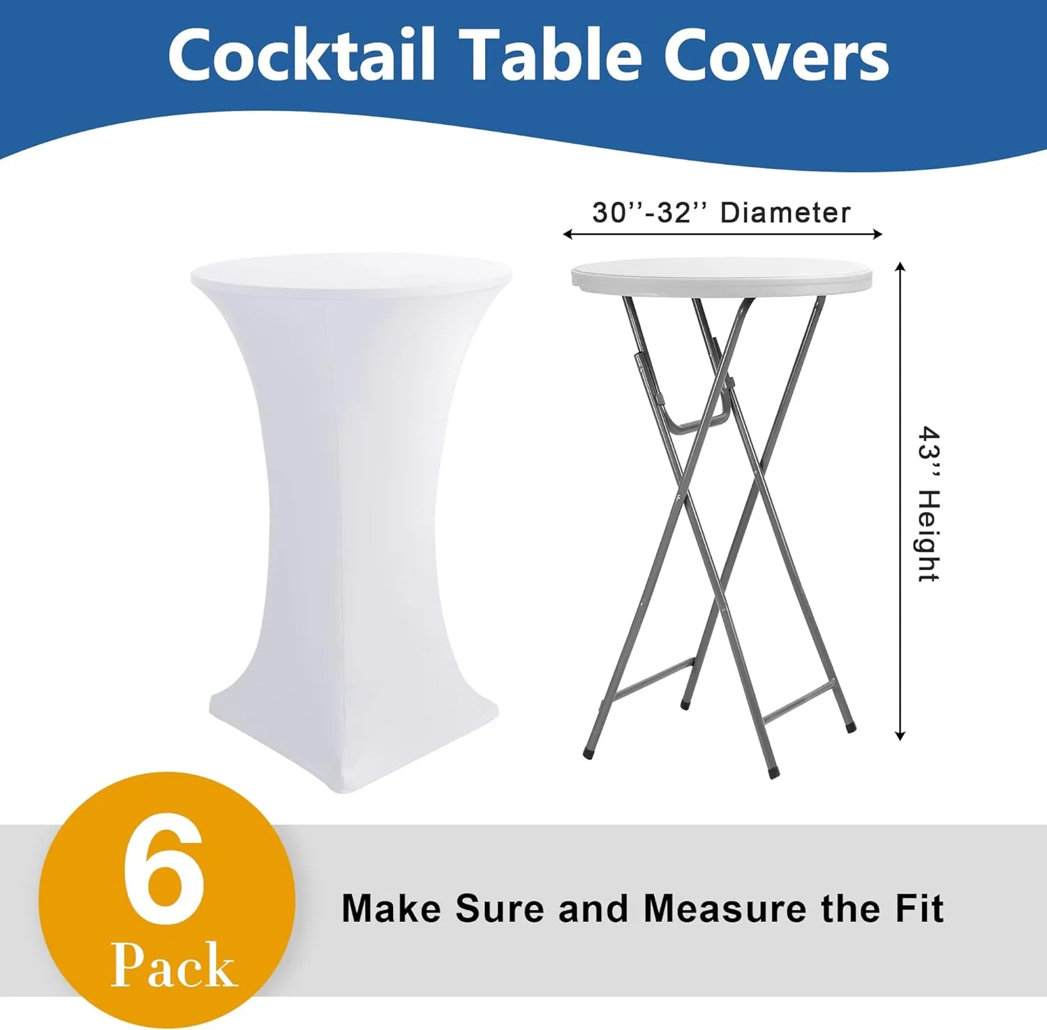 Cocktail Table Covers-Spandex Round High Top Table Cloths 6 Pack 32x43 Inch-White Stretch Fitted Bar Tall Tablecloth for Pub Bistro Highboy Party Event Banquet Height Folding Satnding Tables