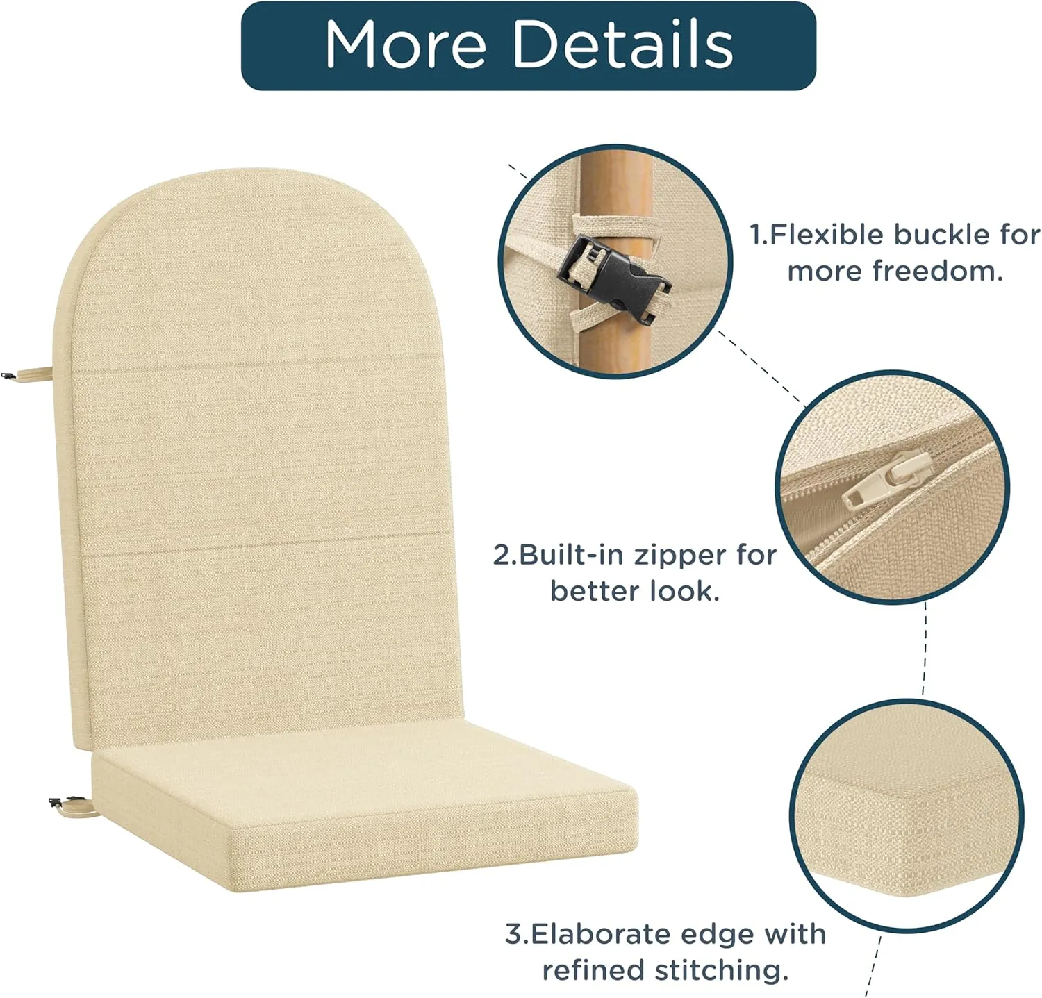 Codi Adirondack Chair Cushion – Thick Padded Outdoor Seat for Patio & Porch, Fade Resistant Waterproof Fabric with Ties, Beige