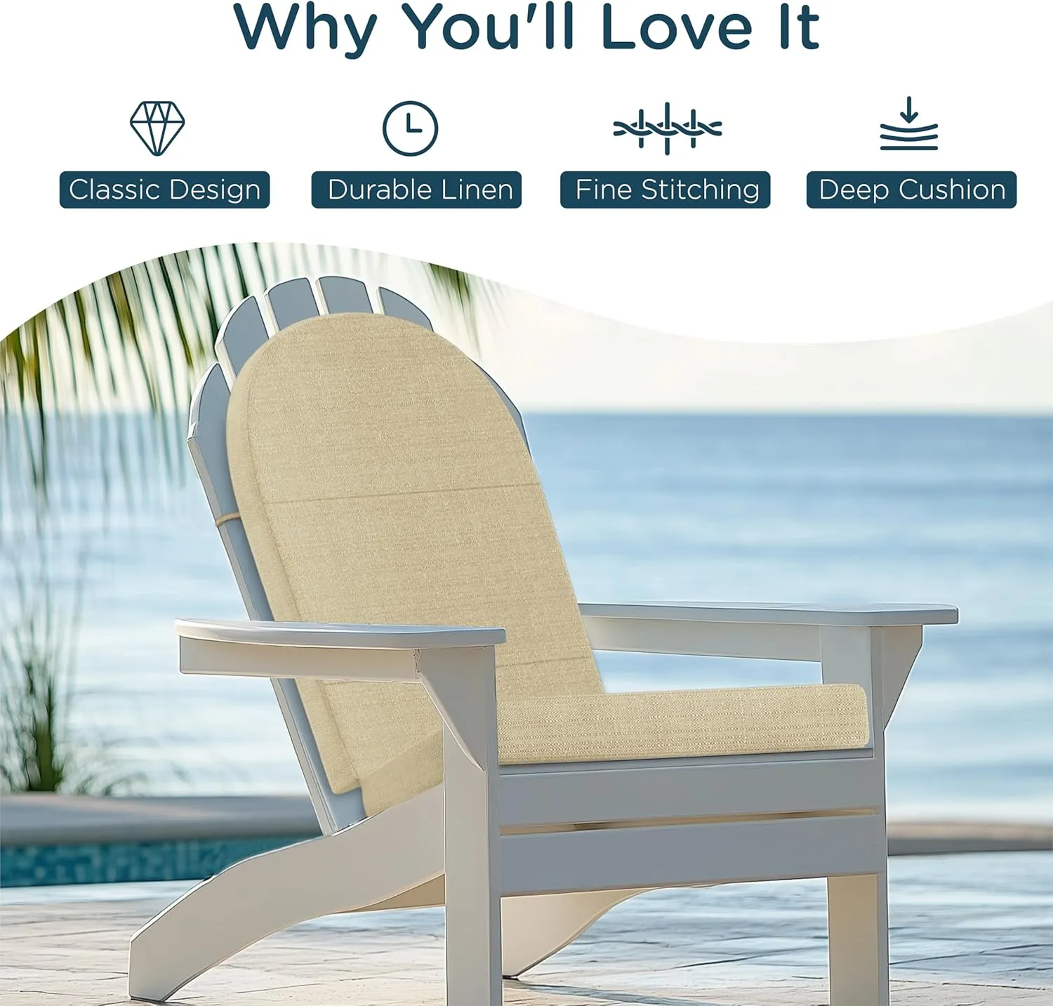 Codi Adirondack Chair Cushion – Thick Padded Outdoor Seat for Patio & Porch, Fade Resistant Waterproof Fabric with Ties, Beige