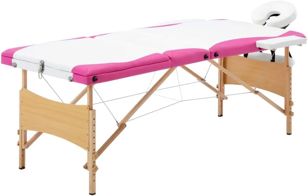 Comfortable 3-Zone Foldable Massage Table for Professionals and Amateurs, Adjustable Height, Lightweight Design, White and Pink