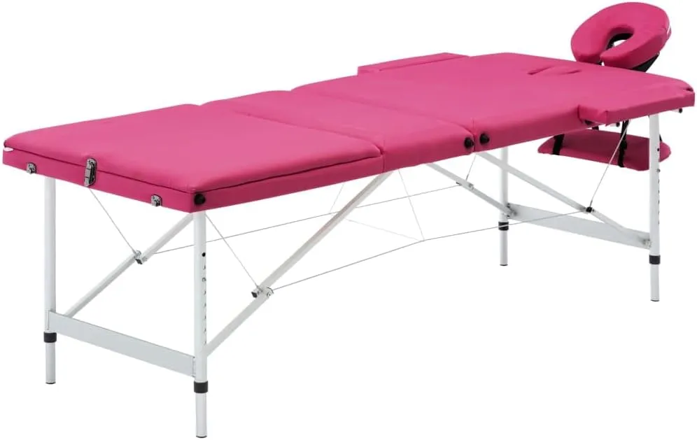 Comfortable and Adjustable Foldable Massage Table for Home or Professional Use, 3 Zones, Aluminum Frame, Pink
