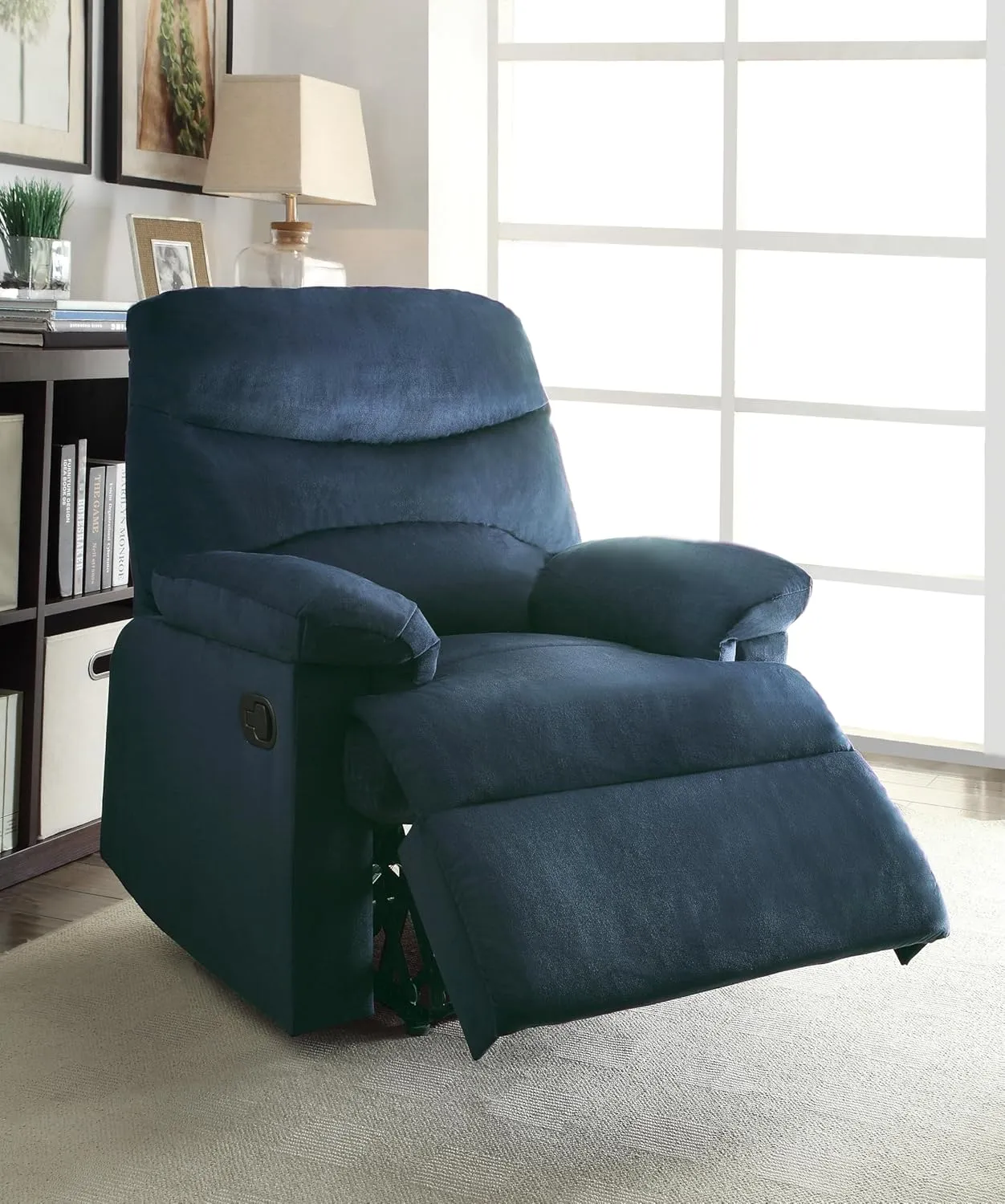 Comfortable Blue Recliner Chair with Memory Foam Seating and Pillow Top Arms for Living Room Relaxation