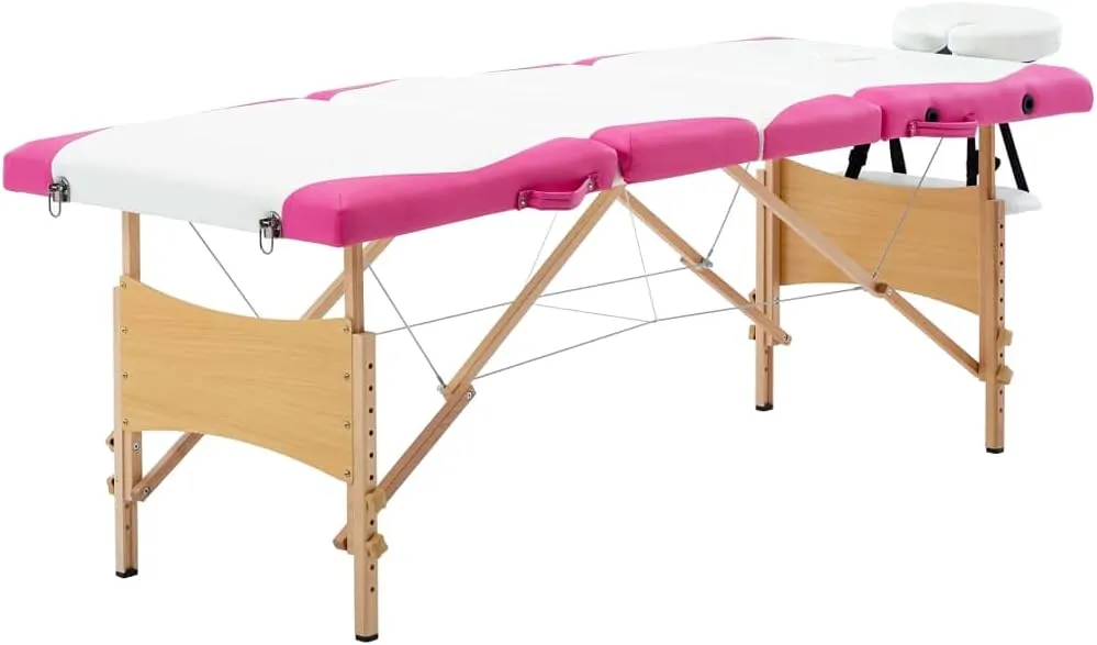 Comfortable Massage Table with Adjustable Height, Foldable Design for Easy Storage, Durable Faux Leather, White and Pink
