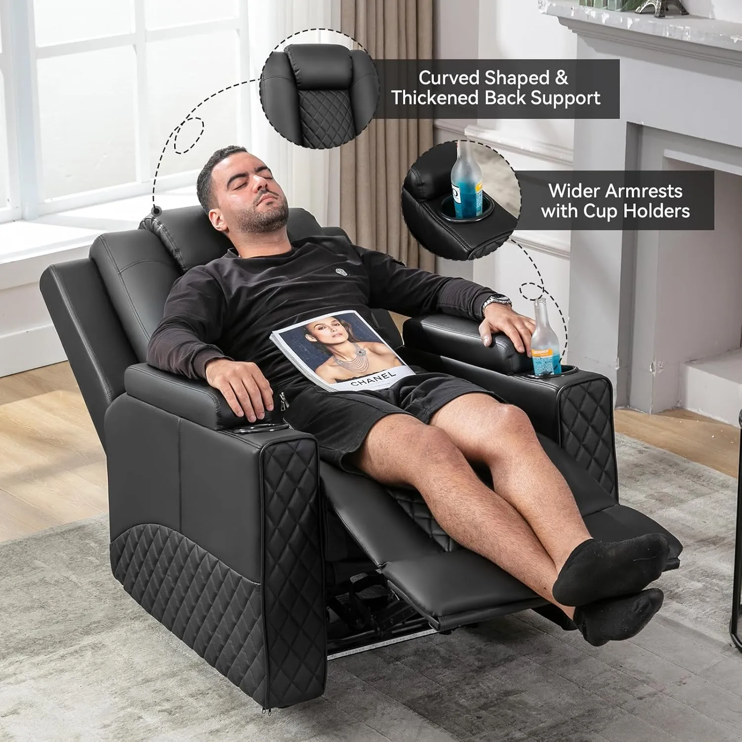 COMHOMA Power Recliner Chair PU Leather Electric Massage Recliner Sofa for Living Room Home Theater Seating with Cup Holders and LED Lighting(Black)