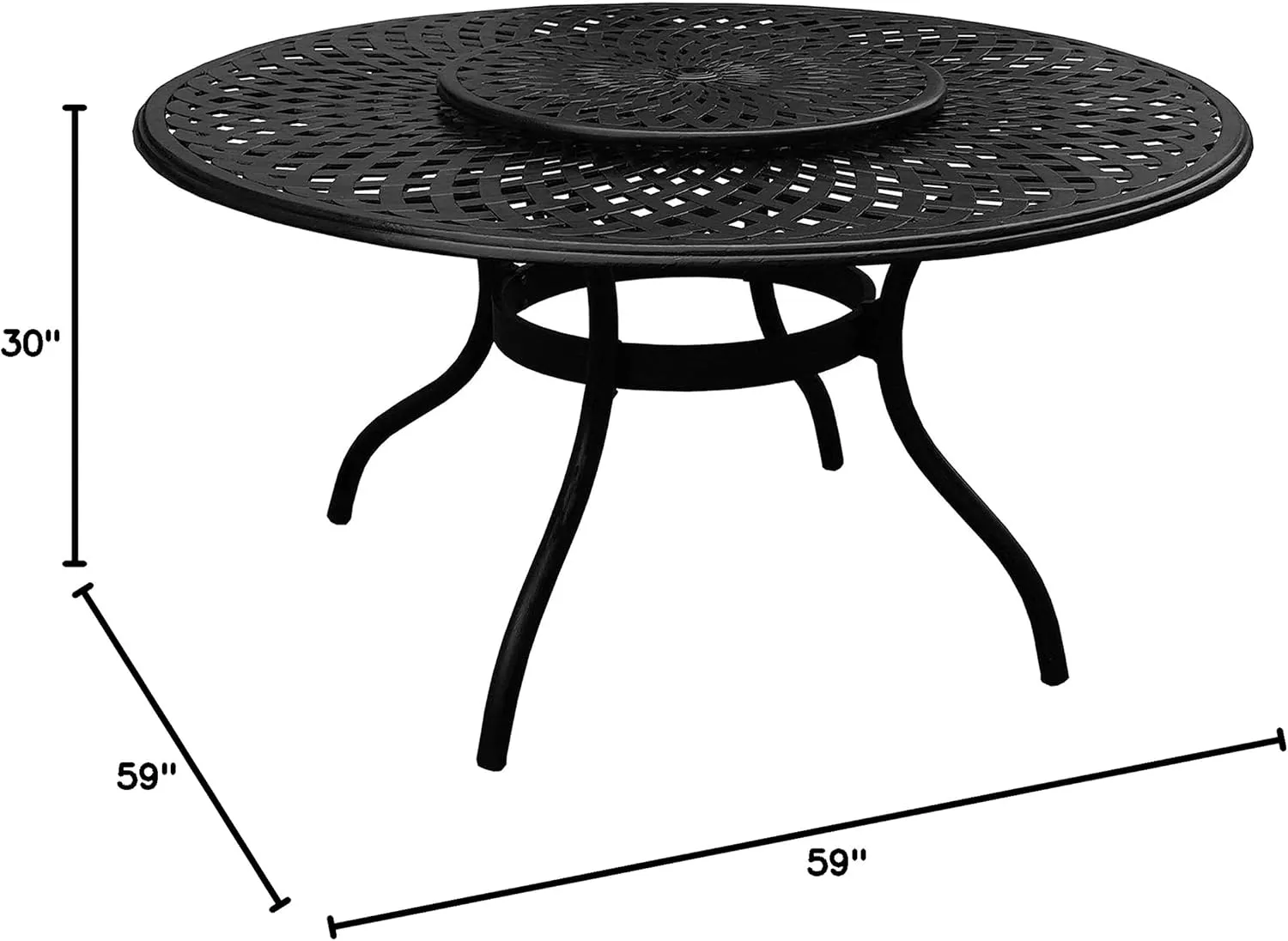 Contemporary Modern Outdoor Mesh Aluminum 59-in Large Black Round Patio Dining Table with Lazy Susan