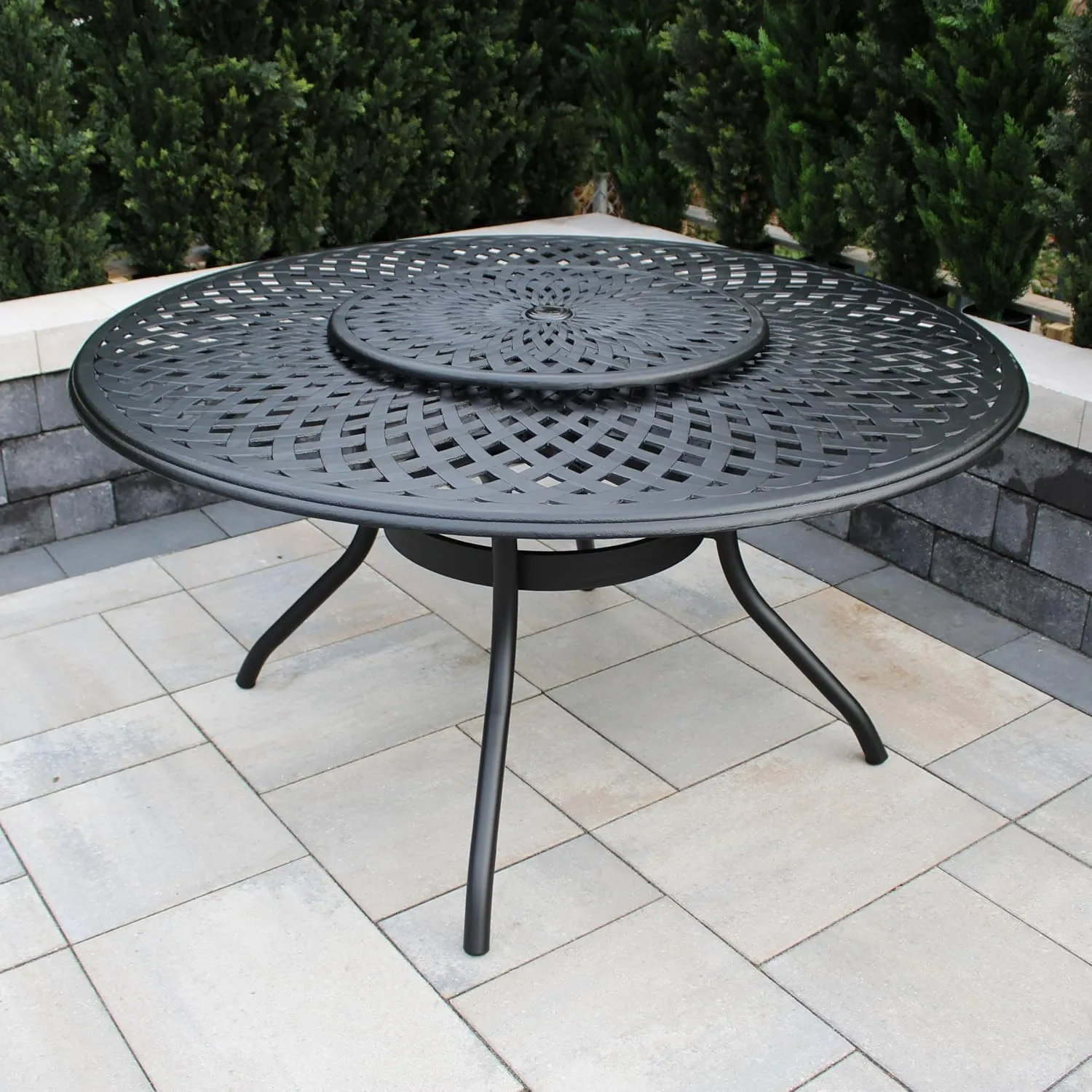 Contemporary Modern Outdoor Mesh Aluminum 59-in Large Black Round Patio Dining Table with Lazy Susan
