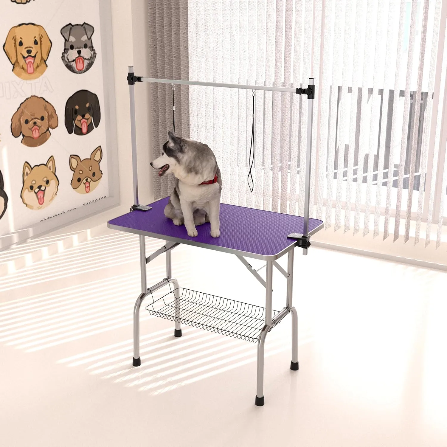 Convenient Pet Grooming with 36" Folding Table, Adjustable Height, Rubber Safety Features, for Dog and Cat Grooming, Purple