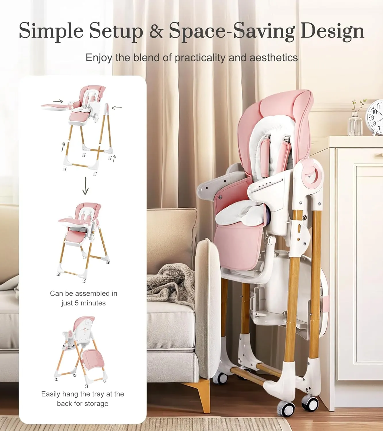 Convertible High Chairs for Babies and Toddlers, Height Adjustable Baby High Chair, High Chair with Removable Tray, Adjustable Backrest and Pedal, Portable Baby Dinning Chair with Lockable Wheels