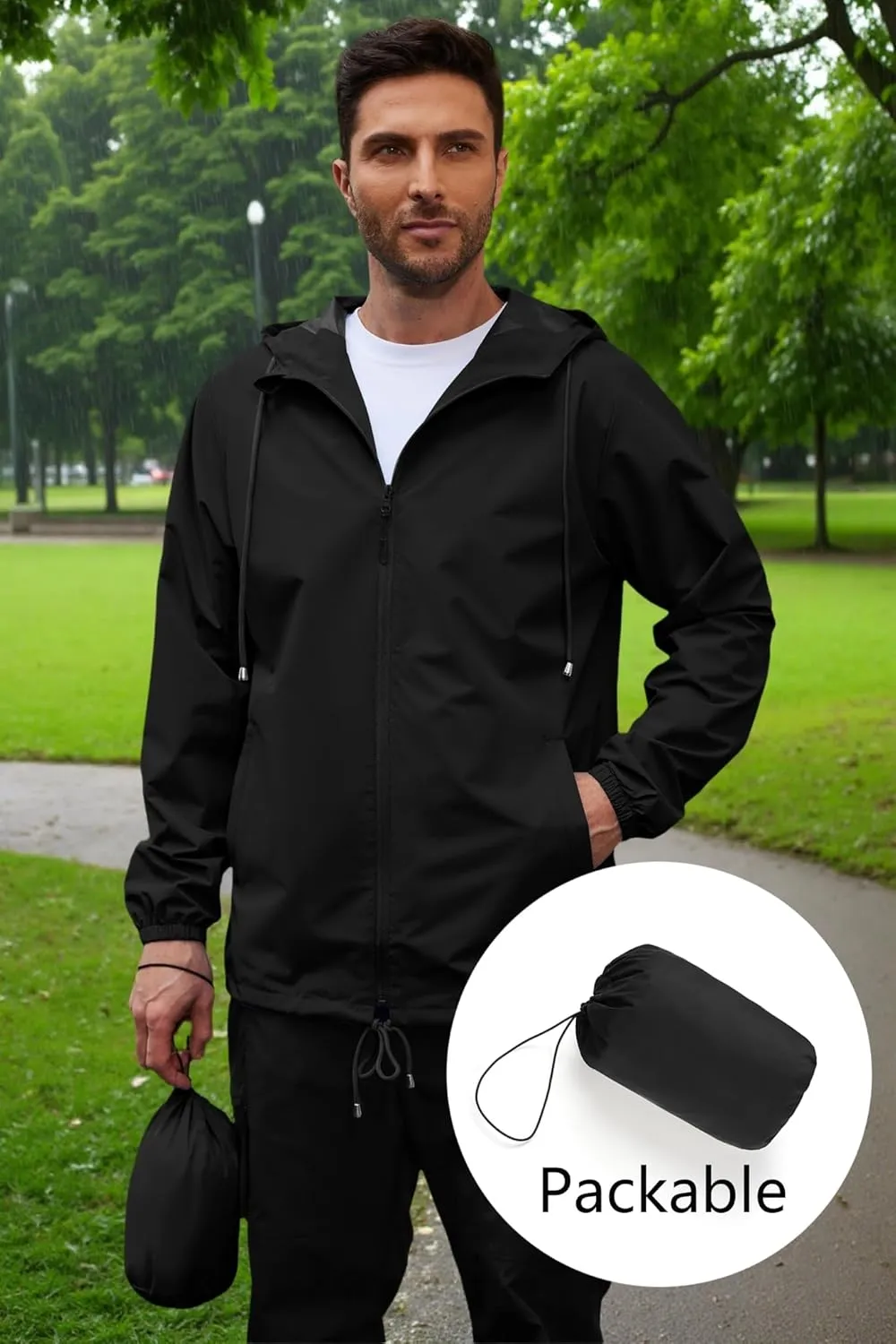 COOFANDY Rain Jacket Men Packable Waterproof Raincoat with Hood Lightweight Windbreaker for Hiking Cycling Golf