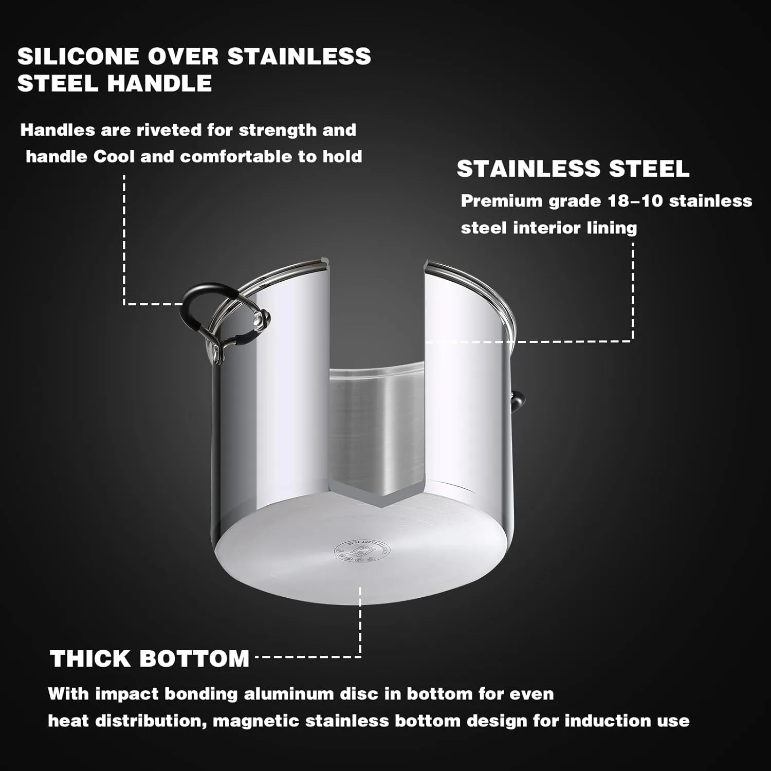 Cook N Home Stockpot Sauce Pot Induction Pot With Lid Professional Stainless Steel 12 Quart, Dishwasher Safe With Stay-Cool Handles, Silver