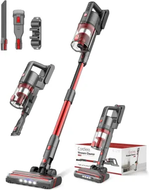 Cordless Rechargeable Vacuum Cleaners, Powerful Vacuum Up to 35 Mins Runtime with 85,000PRM Motor, 2 Adjustable Suction for Home (Gray Red)