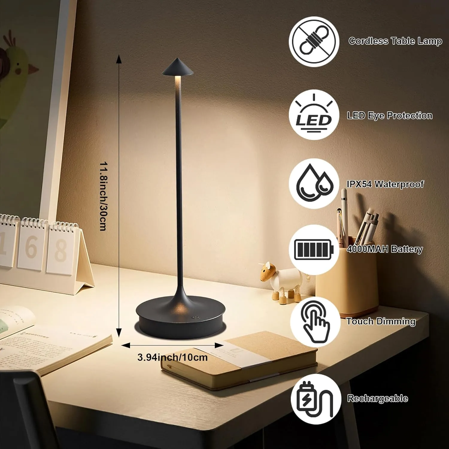 Cordless Table Lamps Rechargeable, LED Desk Lamp 4000mAh Battery Operated Outdoor Waterproof Portable Touch Dimmable Table Light for Patio/Restaurant/Bar/Indoor (Black-2PC)