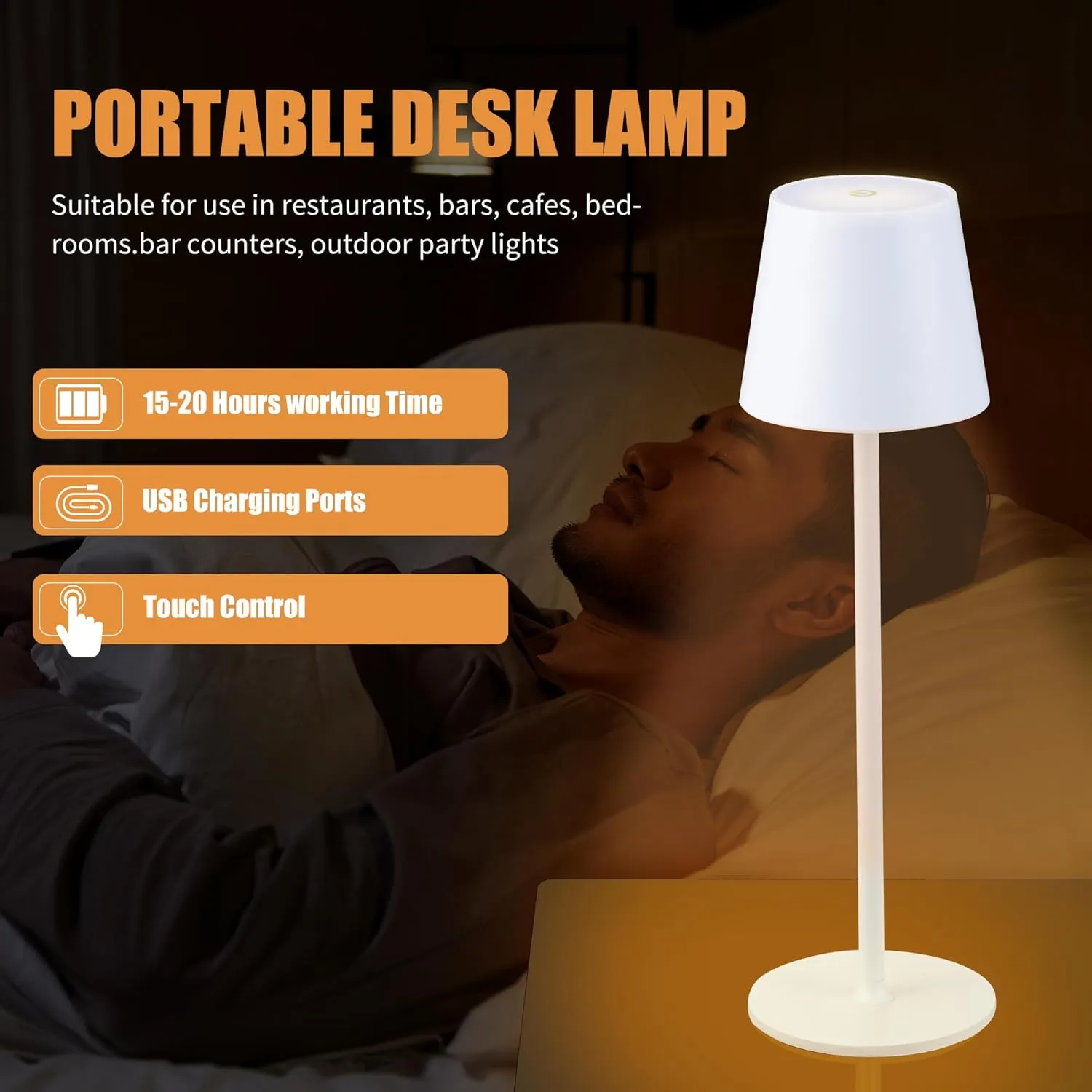 Cordless Table Lamps USB Rechargeable Lamp Simplicity Desk Lamp Built-in 4600 mAh Battery LED Battery Operated lamp with Touch Control Table lamp - Bedroom/Desk/Reading/Patio(2Pack-White)