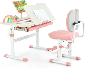 Costzon Kids Desk and Chair Set, Height-Adjustable Student Study Desk with Tiltable Desktop, Book Stand, Ergonomic Chair with Footrest, Writing Table & Chair Set for Boys Girls (Pink)