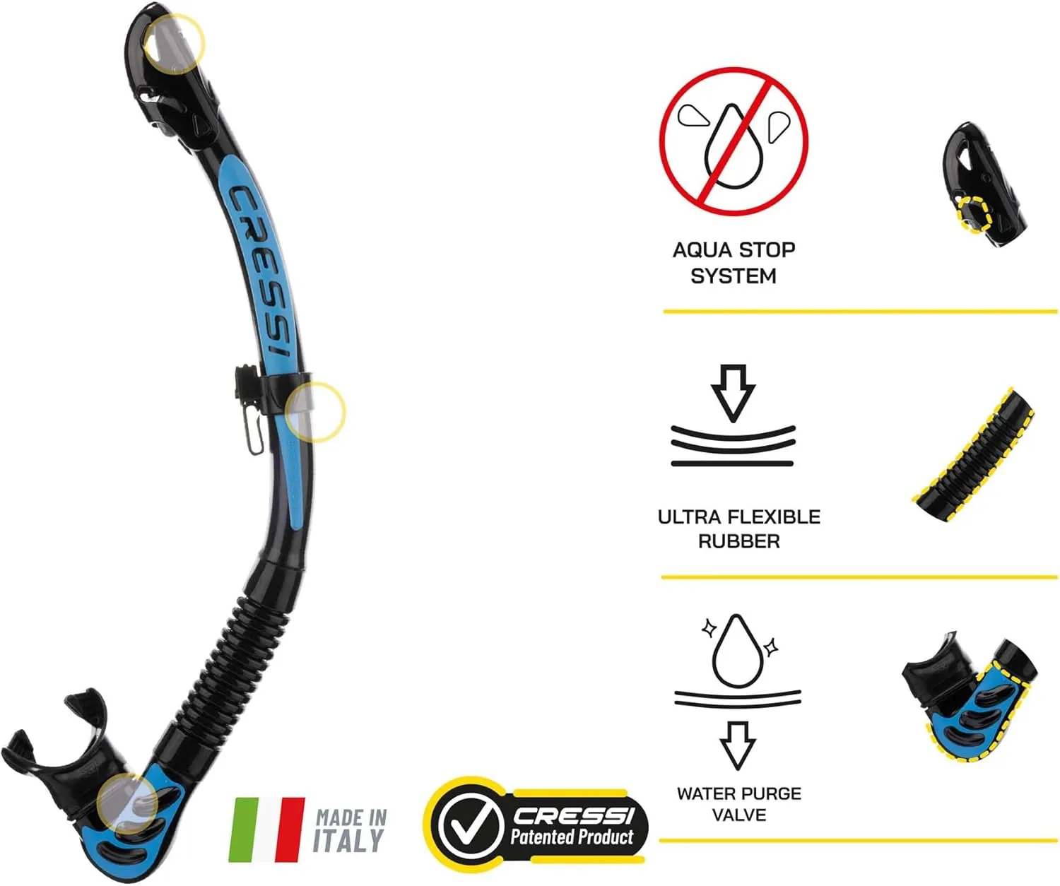 Cressi Foldable Adult Dry Snorkel for Scuba Diving, Snorkeling - Alpha Ultra Dry Made in Italy