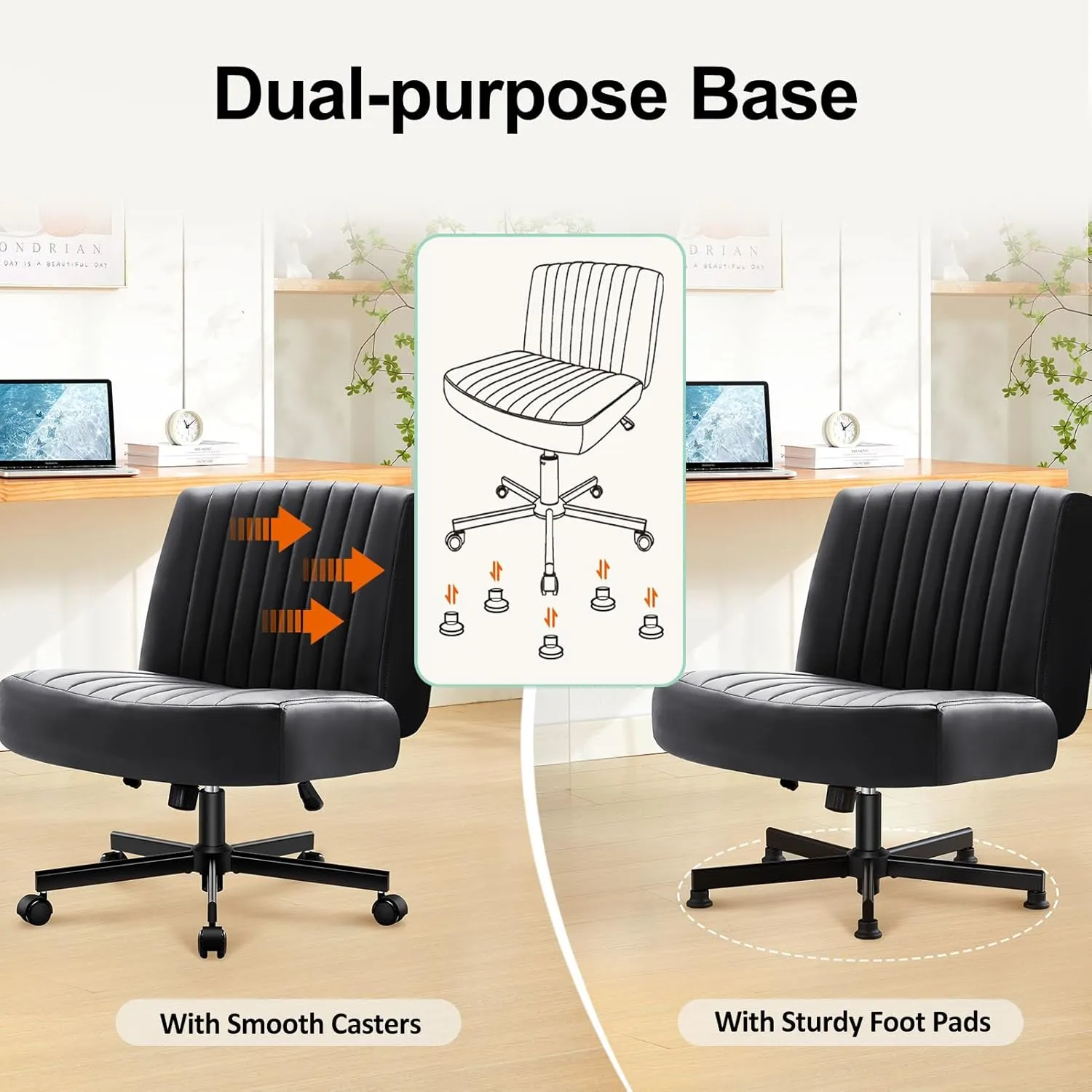 Criss Cross Chair with Wheels,Thick Padded Leather Cross Legged Office Desk C Hair with Pocket Spring Cushion,Dual-Purpose Base,Wide Adjustable Computer Home Office Vanity Chair,Black