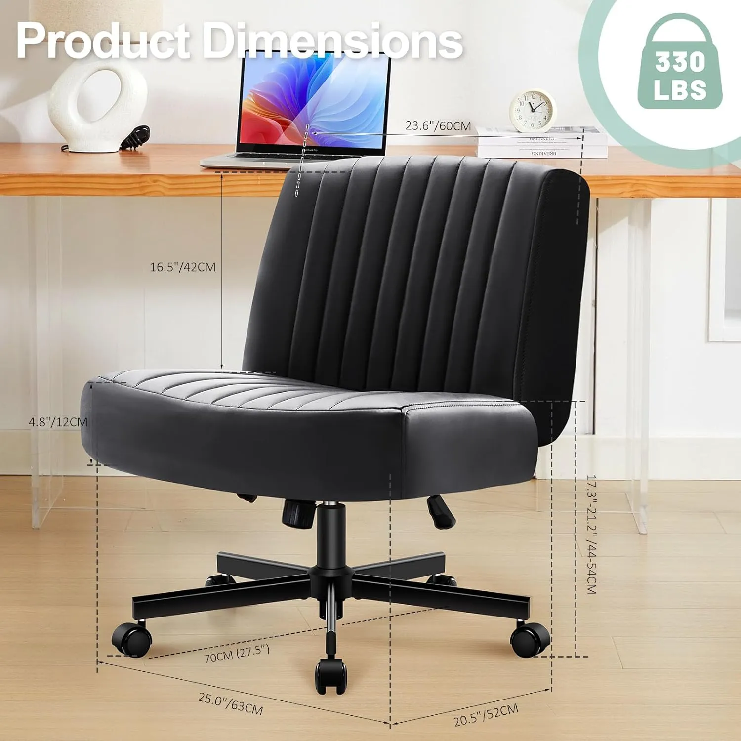 Criss Cross Chair with Wheels,Thick Padded Leather Cross Legged Office Desk C Hair with Pocket Spring Cushion,Dual-Purpose Base,Wide Adjustable Computer Home Office Vanity Chair,Black