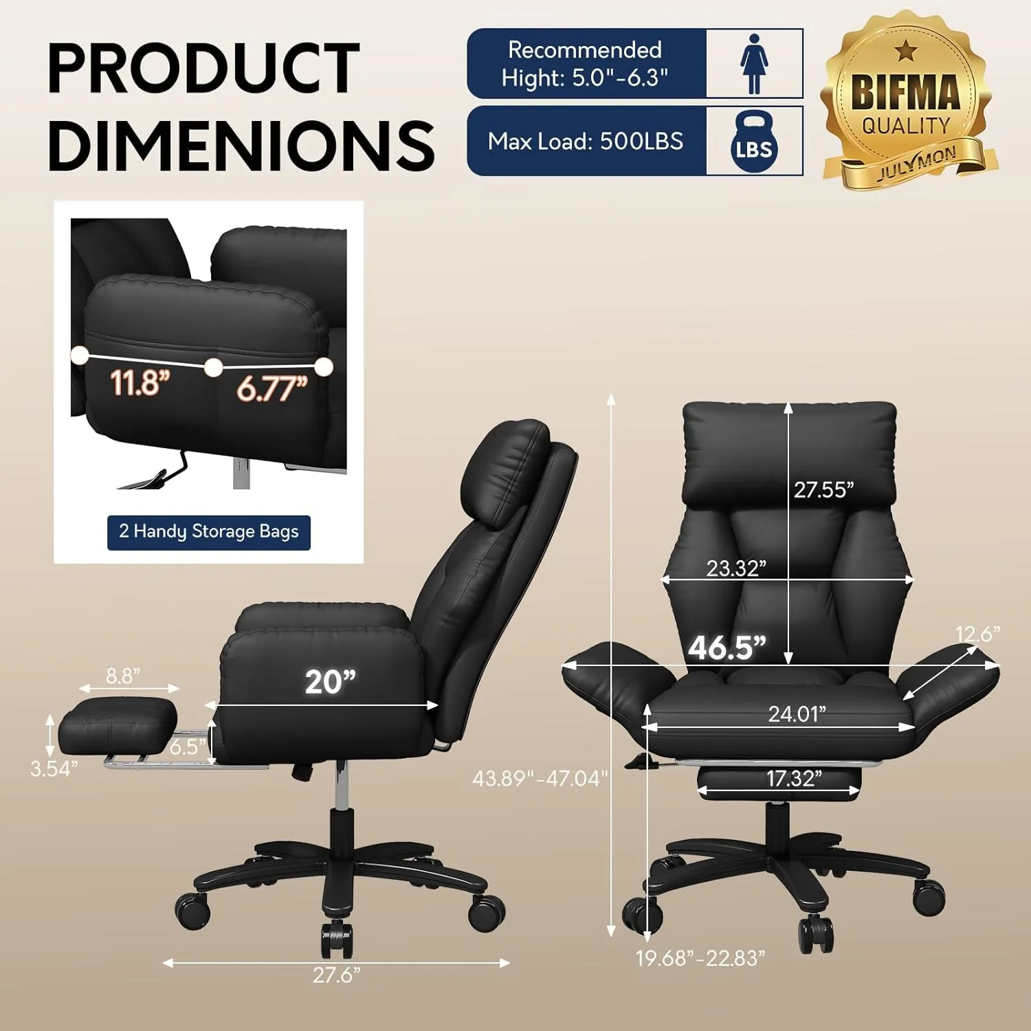 Cross Legged Office Chair with Arms, Criss Cross Desk Chair, High Bcak Big and Tall Office Chair with Foot Rest, Reversible Armrests & Wide Seat Reclining Desk Chair, Black
