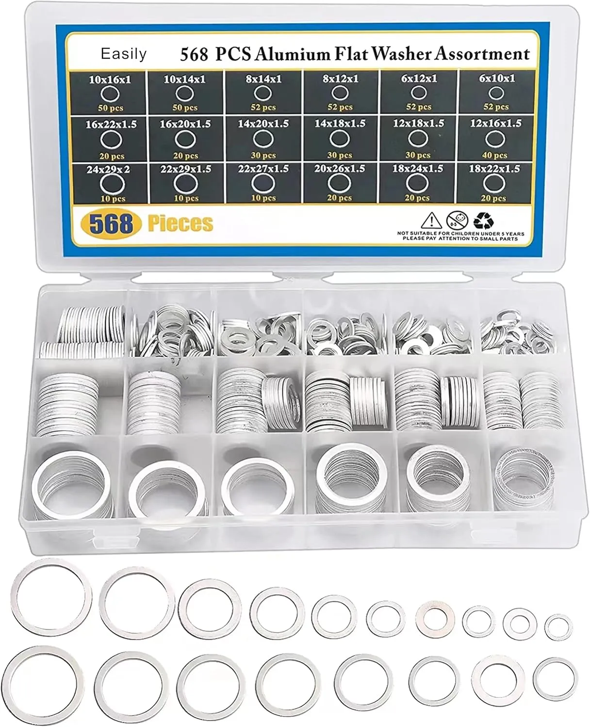 Crush Washer Oil Drain Plug - 568 Pieces 18 Sizes Aluminum Automotive Engine Oil Pan Drain Plug Gasket Assortment Kit (M6 M8 M10 M12 M14 M16 M18 M20 M22 M24)