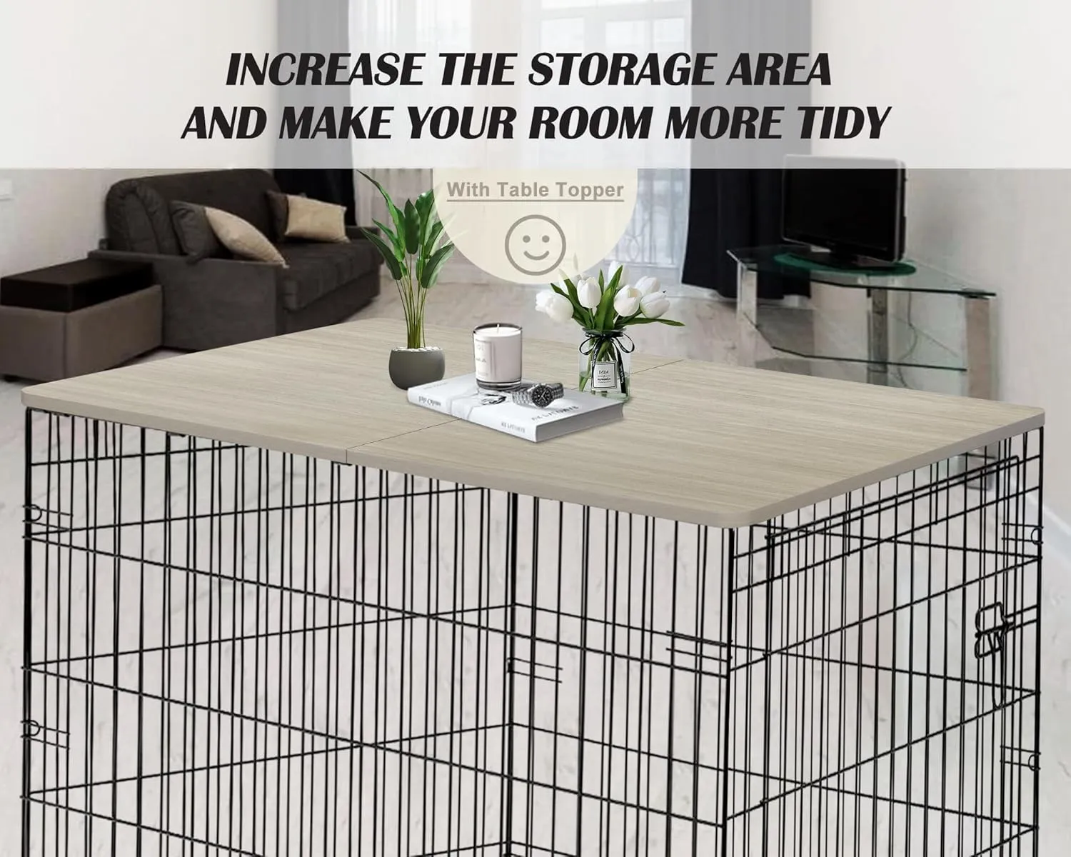 Deblue Dog Crate Topper, Crate Topper for 48in Wire Dog Cages, Wooden Dog Kennel Table Top for Large Dog, Foldable, Portable, Morden-(48 in Only Topper)