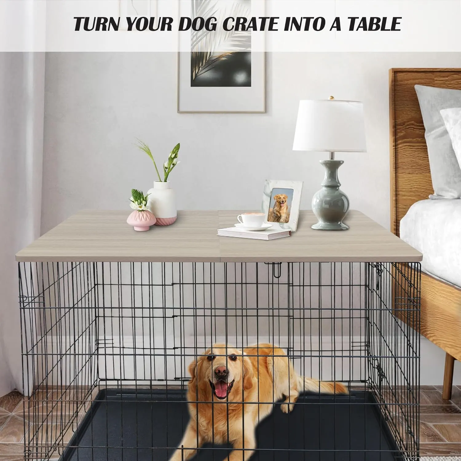 Deblue Dog Crate Topper, Crate Topper for 48in Wire Dog Cages, Wooden Dog Kennel Table Top for Large Dog, Foldable, Portable, Morden-(48 in Only Topper)
