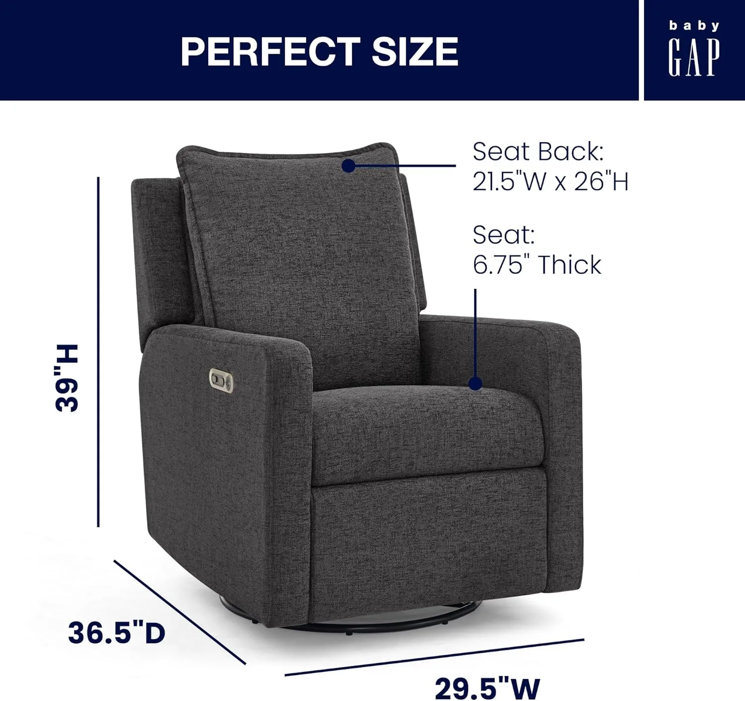 Delta Children babyGap Harlowe Power Recliner with USB-A and Type-C Ports Greenguard Gold Certified – Stain-Resistant Performance Fabric is Oeko-TEX Standard 100 Certified, Charcoal