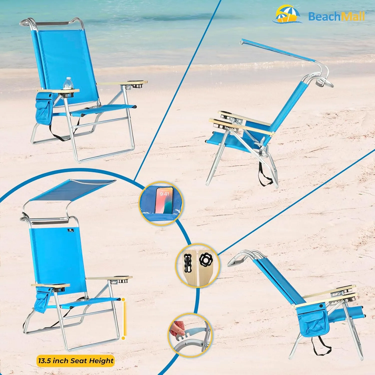 Deluxe 4 Reclining Positions Lightweight High Aluminum Beach Chair with Canopy Shade for Adults, Drink Holder, Storage Pouch