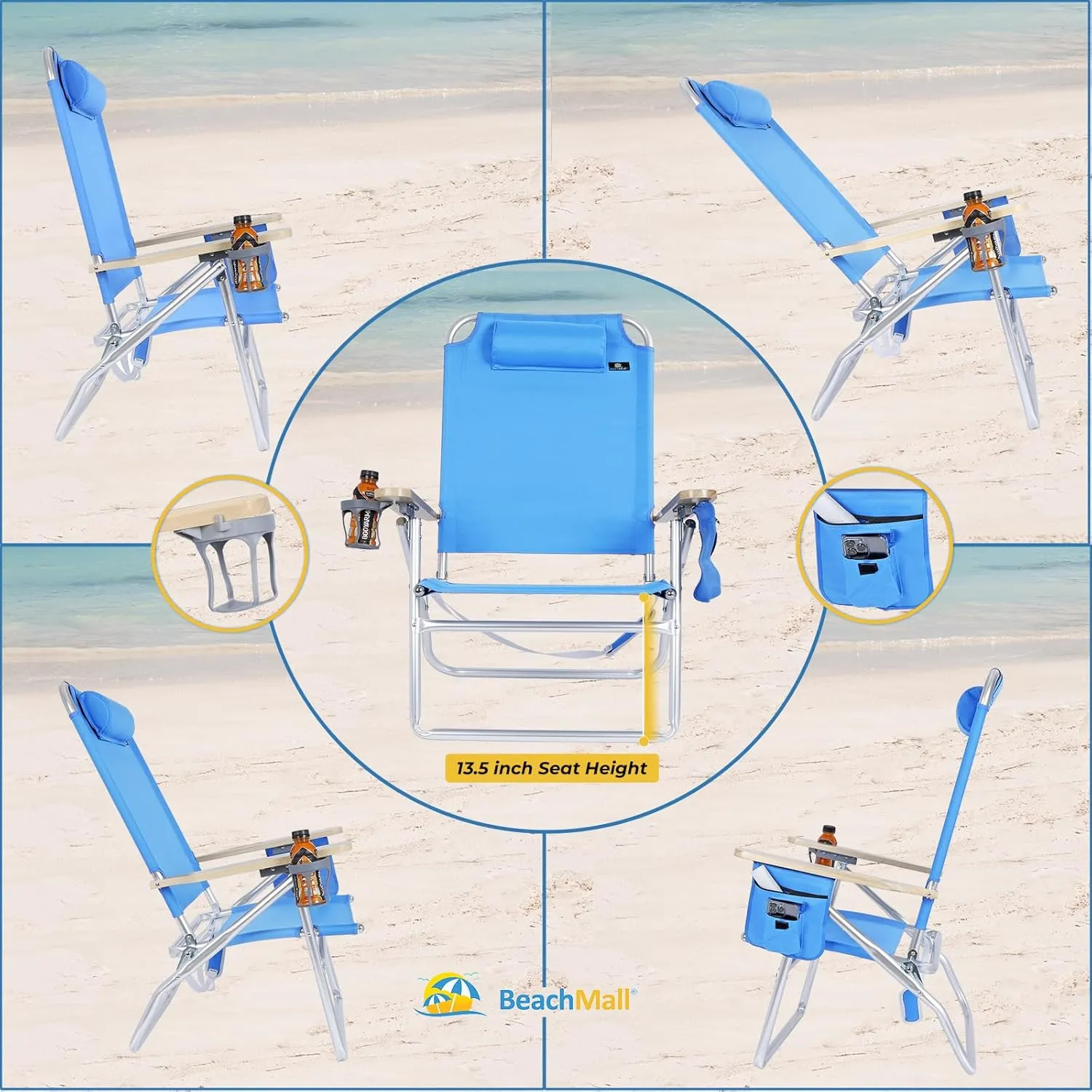 Deluxe XL Tall 13.5 Inches Mid-Height Seat Beach Chair for Adults Heavy Duty, Aluminum Frame, Wide Plus Size, 300 lb Capacity