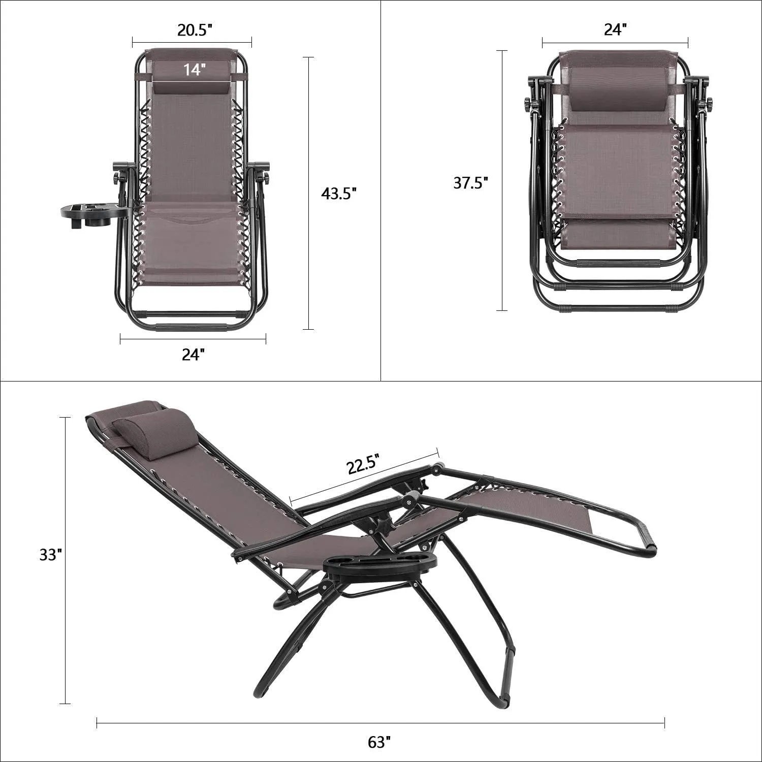 Devoko Patio Zero Gravity Chair Outdoor Folding Adjustable Reclining Chairs Pool Side Using Lawn Lounge Chair with Pillow Set of 2 (Brown)