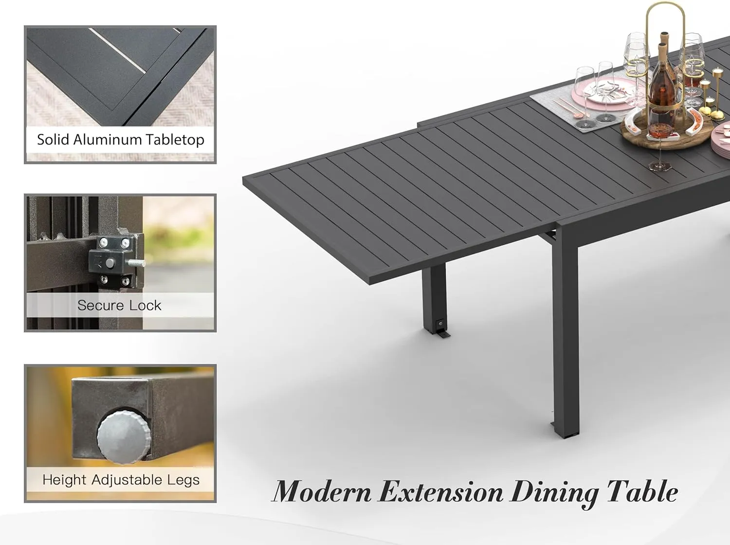 Domi 59" - 89" Expandable Patio Dining Table - Aluminum, Adjustable, Smooth-Sliding, Outdoor Furniture for 6-8 Person, Ideal for Backyard, Porch, Deck, Garden - Dark Brown,