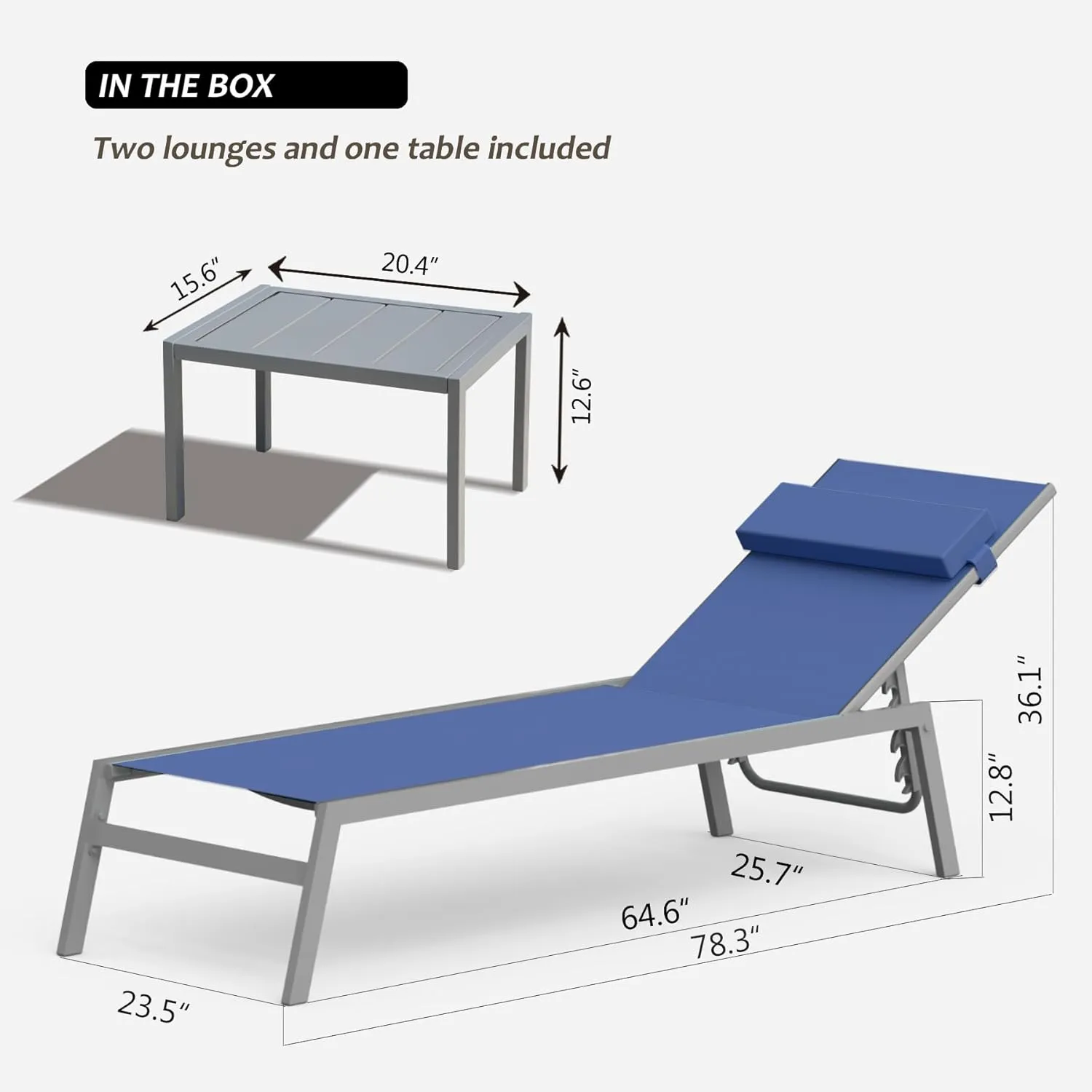 Domi Patio Chaise Lounge Set of 2 with Side Table, Aluminum Adjustable Pool Lounge Chairs,Sunbathing Lounger for Deck Lawn Patio Backyard,Textilene - Navy Blue