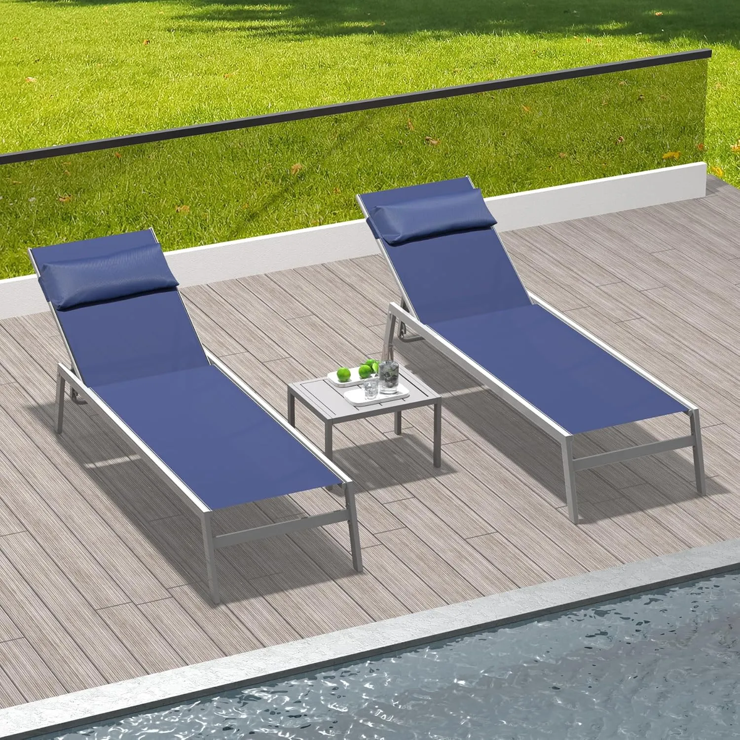 Domi Patio Chaise Lounge Set of 2 with Side Table, Aluminum Adjustable Pool Lounge Chairs,Sunbathing Lounger for Deck Lawn Patio Backyard,Textilene - Navy Blue