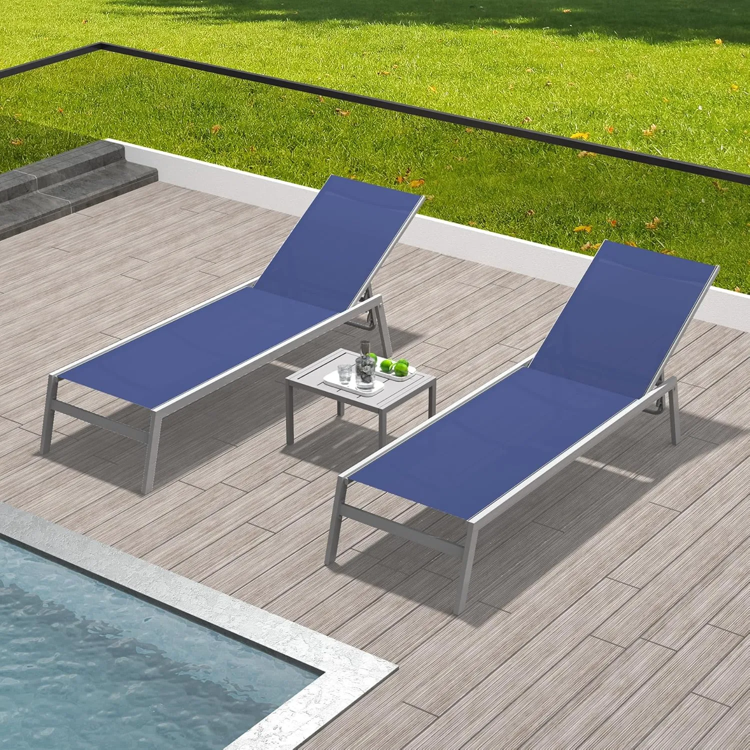 Domi Patio Chaise Lounge Set of 2 with Side Table, Aluminum Adjustable Pool Lounge Chairs,Sunbathing Lounger for Deck Lawn Patio Backyard,Textilene - Navy Blue