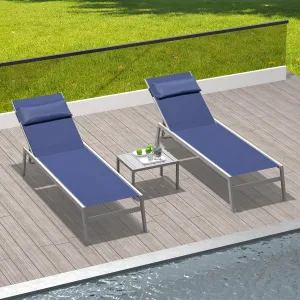 Domi Patio Chaise Lounge Set of 2 with Side Table, Aluminum Adjustable Pool Lounge Chairs,Sunbathing Lounger for Deck Lawn Patio Backyard,Textilene - Navy Blue