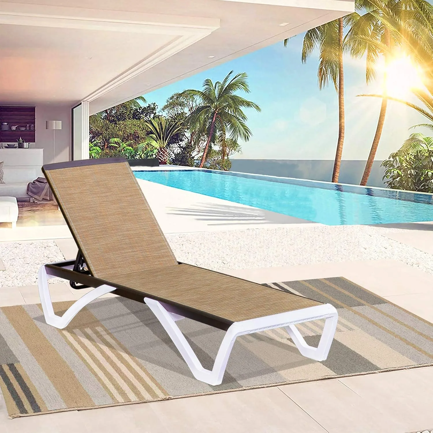 Domi Pool Lounge Chair Aluminum Adjustable Outdoor Chaise Lounge,All Weather Plastic Poolside Lounge Chair for Deck Lawn Backyard, Brown Textilene