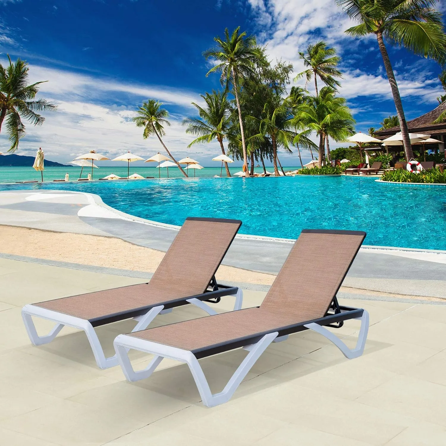 Domi Pool Lounge Chair Aluminum Adjustable Outdoor Chaise Lounge,All Weather Plastic Poolside Lounge Chair for Deck Lawn Backyard, Brown Textilene